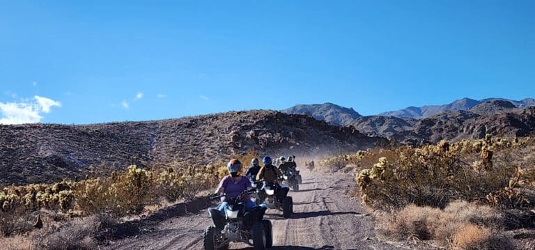 Explore Nevada with Las Vegas ATV Tours, riding dirt trails near the Colorado River, surrounded by desert mountains and sparse shrubbery.