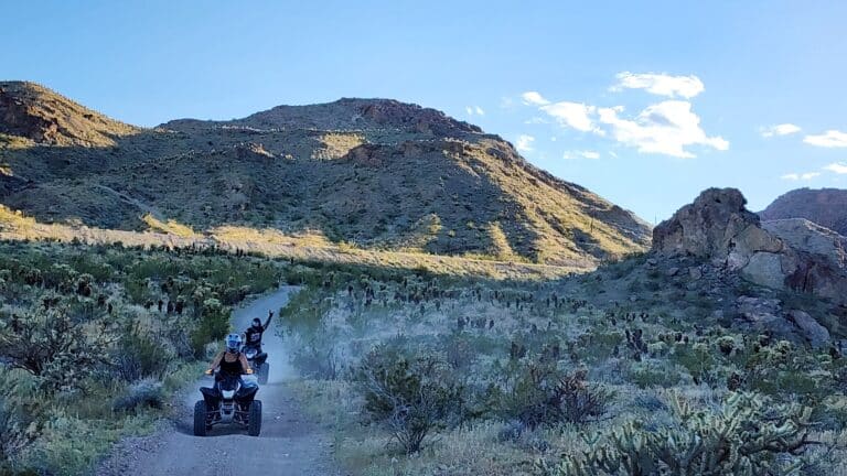 Experience the thrill of ATV tours near Las Vegas, Nevada, as you ride through desert trails with mountain views and lush shrubs.