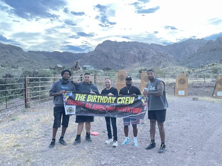 Five adventurers enjoy thrilling Las Vegas ATV tours with stunning Nevada mountains and Colorado River views—a Birthday Crew adventure!.