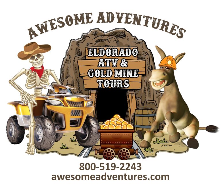 Cartoon skeleton on ATV & donkey by gold mine. Las Vegas ATV & Gold Mine Tours: Nevada RZR rides, Ghost Town sightseeing!.