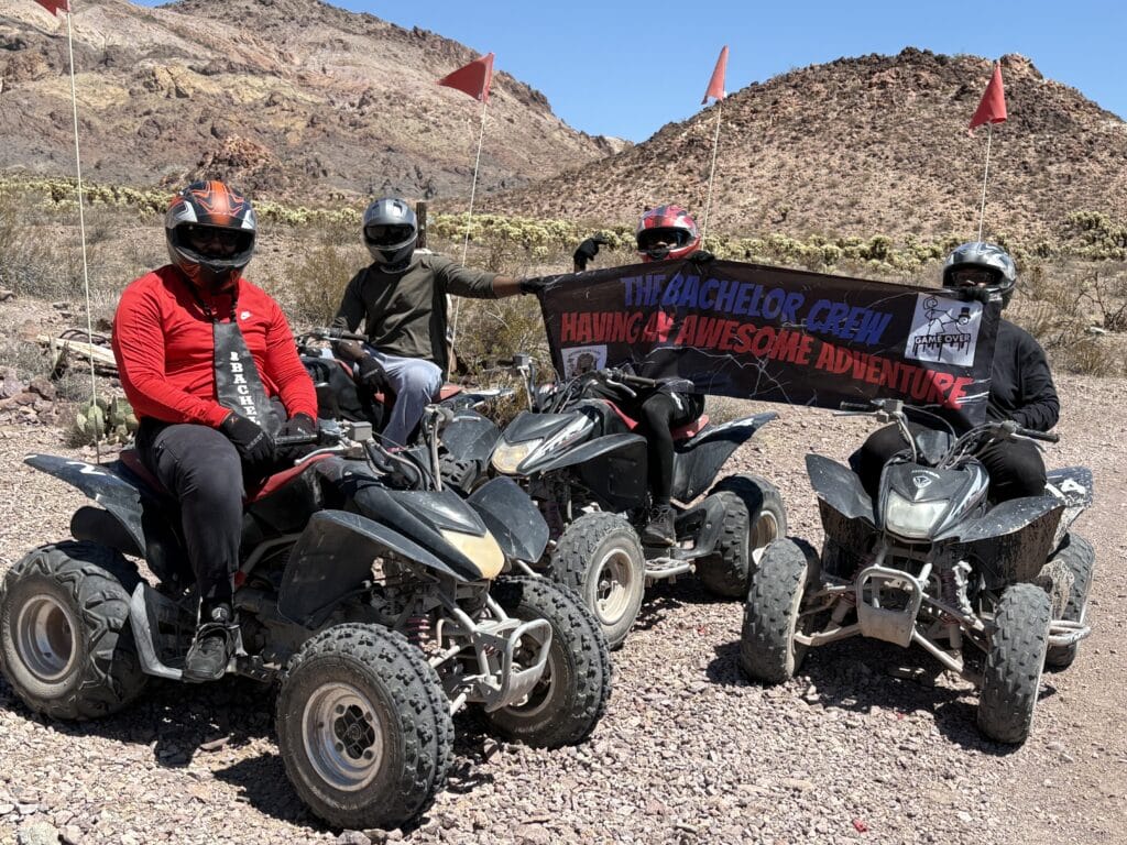 Bachelor crew enjoys a thrilling ATV tour near Las Vegas, Nevada, exploring rocky deserts and Colorado River views.