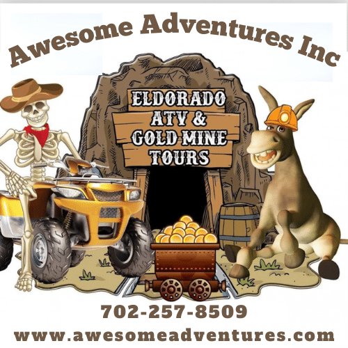 Cartoon: Skeleton cowboy on ATV, smiling donkey at gold mine. Las Vegas Eldorado ATV & Gold Mine Tours—Nevadas best off-road adventure!.