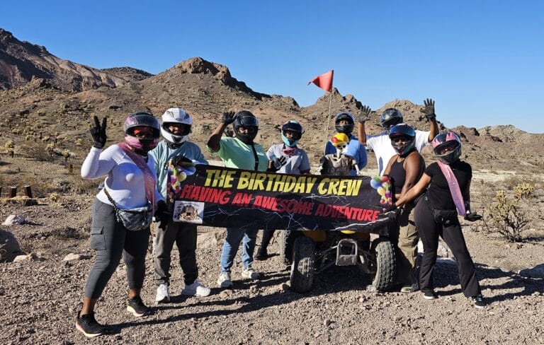 Birthday Crew enjoying an epic ATV tour near the Colorado River in Las Vegas, Nevada—RZR off-road adventure & Ghost Town sights!.