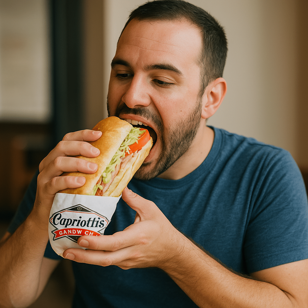 Bearded man in blue tee enjoys a Capriottis sub during Las Vegas Colorado River ATV lunch tour near Nevada ghost town.