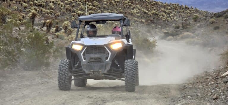 Adventurers in helmets ride an ATV on a dusty Nevada trail near cacti, perfect for Las Vegas RZR off-road tours.