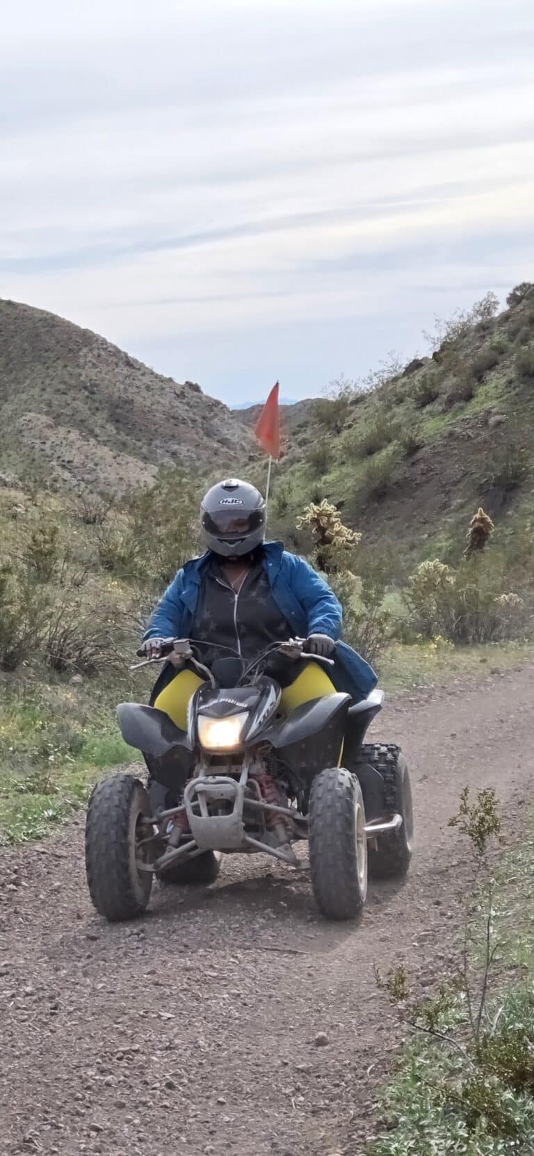 Adventurer riding a four wheeler during an ATV tour near the Colorado River in Nevada, exploring scenic desert trails.