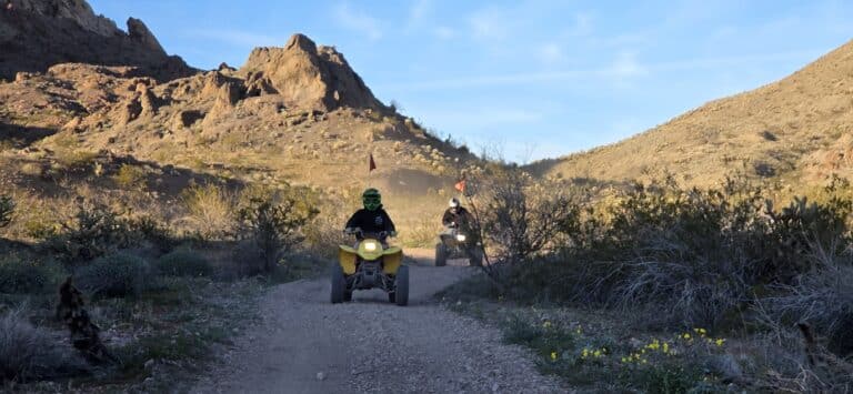 Adventurers on ATVs explore a dirt road near the Colorado River on an exciting Nevada off-road tour.