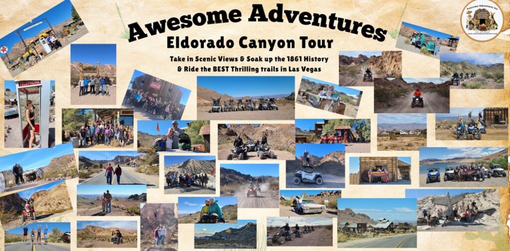 Collage of Las Vegas ATV and RZR tours, Ghost Town sightseeing, and Colorado River desert adventures in Nevada.