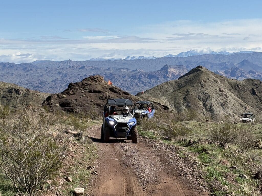 ATV tours in Eldorado Canyon, Nevada: two off-road vehicles on rocky trails near Las Vegas and the Colorado River.