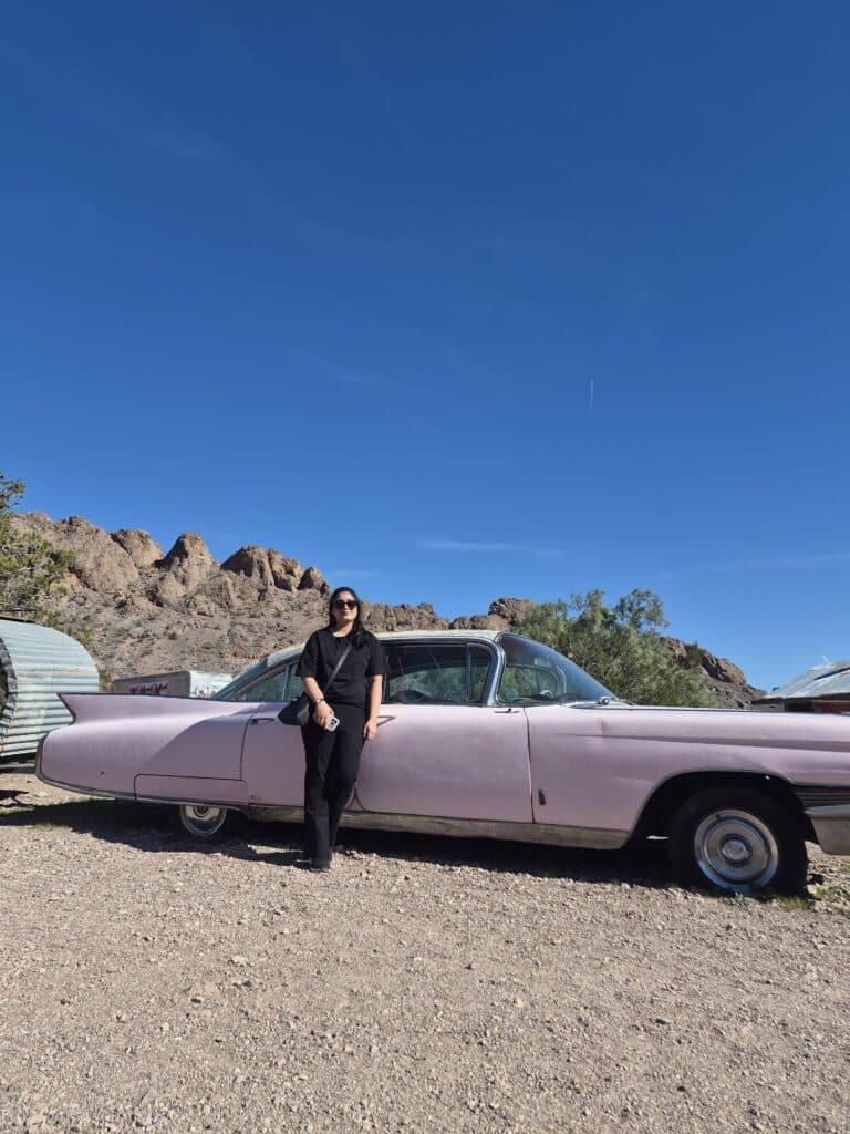 A person in black attire and sunglasses leans on a vintage pink car near Nevada’s rocky hills under a clear blue sky.