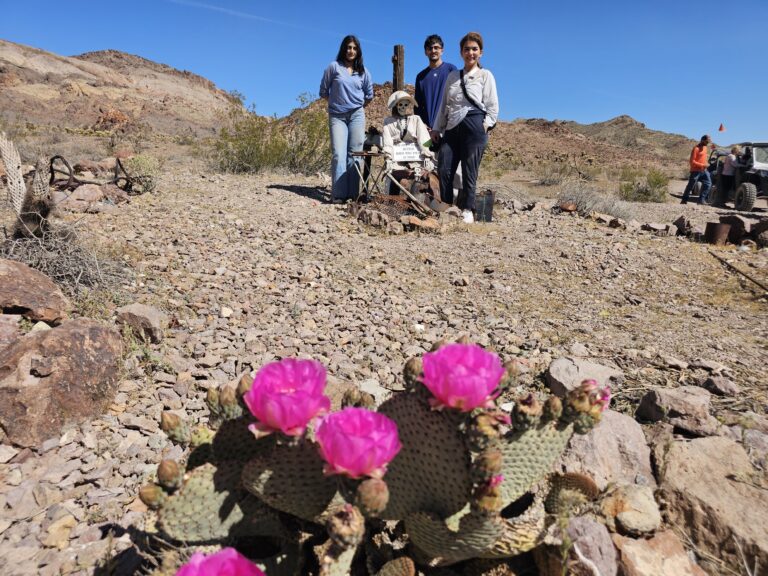 Four people explore a rocky Nevada desert near Las Vegas, behind a cactus with pink flowers, mountains, and blue sky visible.