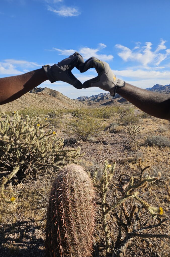 Gloved hands form a heart shape over Nevada’s desert, cacti, and mountains—perfect for Las Vegas ATV tours or RZR rides.