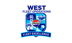 Blue and white badge: WEST FLEET OPERATIONS, Pepsi logo, Las Vegas icons—bridge, palm, cactus, Space Needle; FLEET EXCELLENCE.