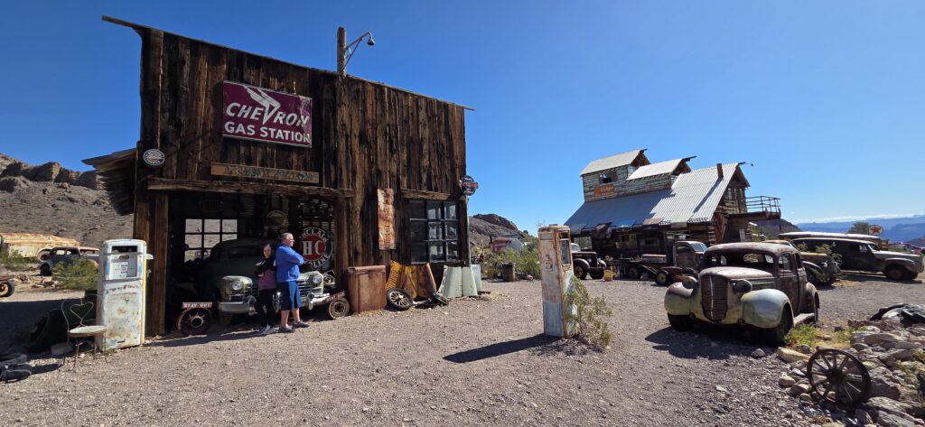 Vintage Chevron gas station near the Colorado River in Nevada, perfect for Ghost Town sightseeing and ATV tours under blue skies.
