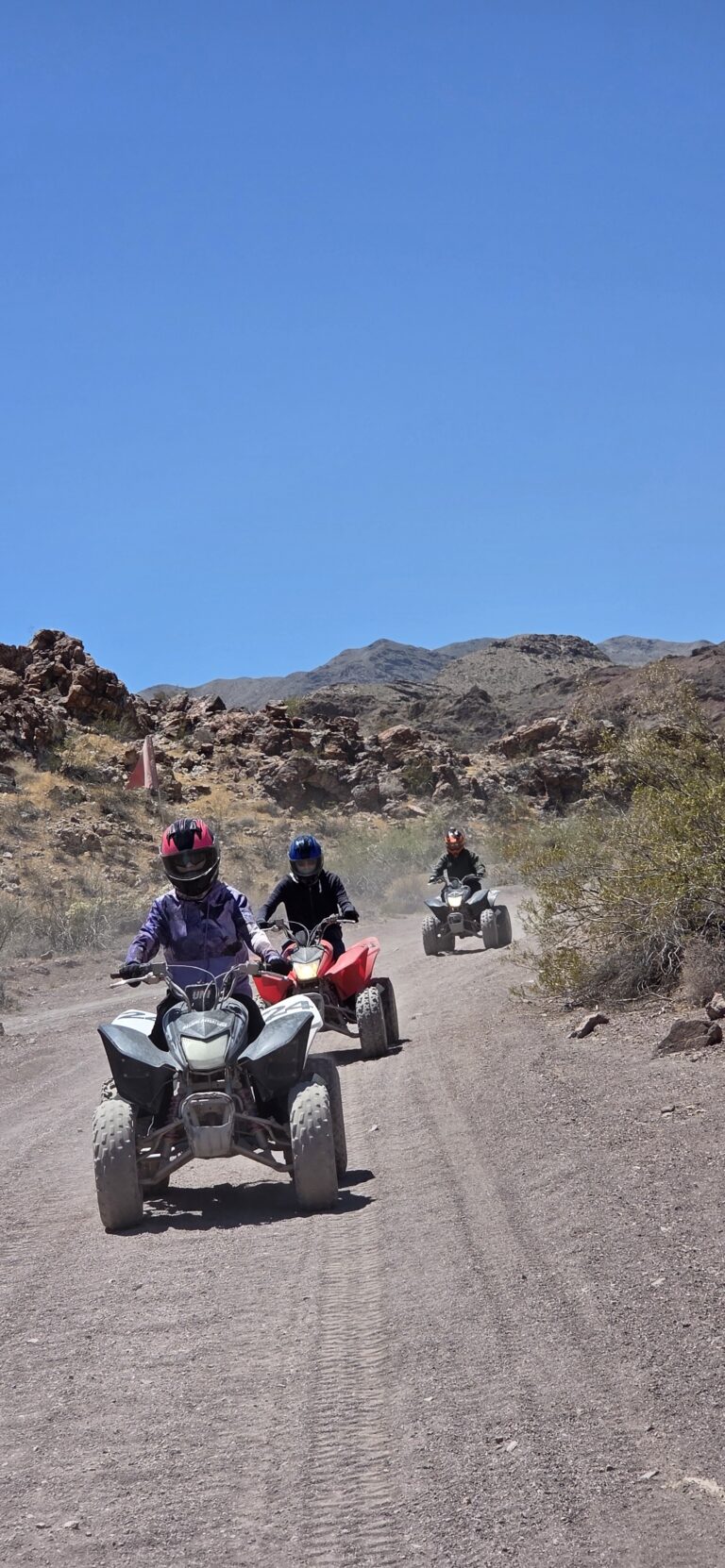 ATV tour riders explore a dusty Nevada desert trail near Las Vegas under clear skies; lead wears purple jacket, pink helmet.