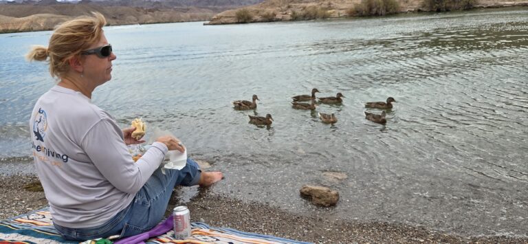 A woman picnics by the Colorado River near Las Vegas, dipping her feet in water as ducks swim by, rocky Nevada hills behind.
