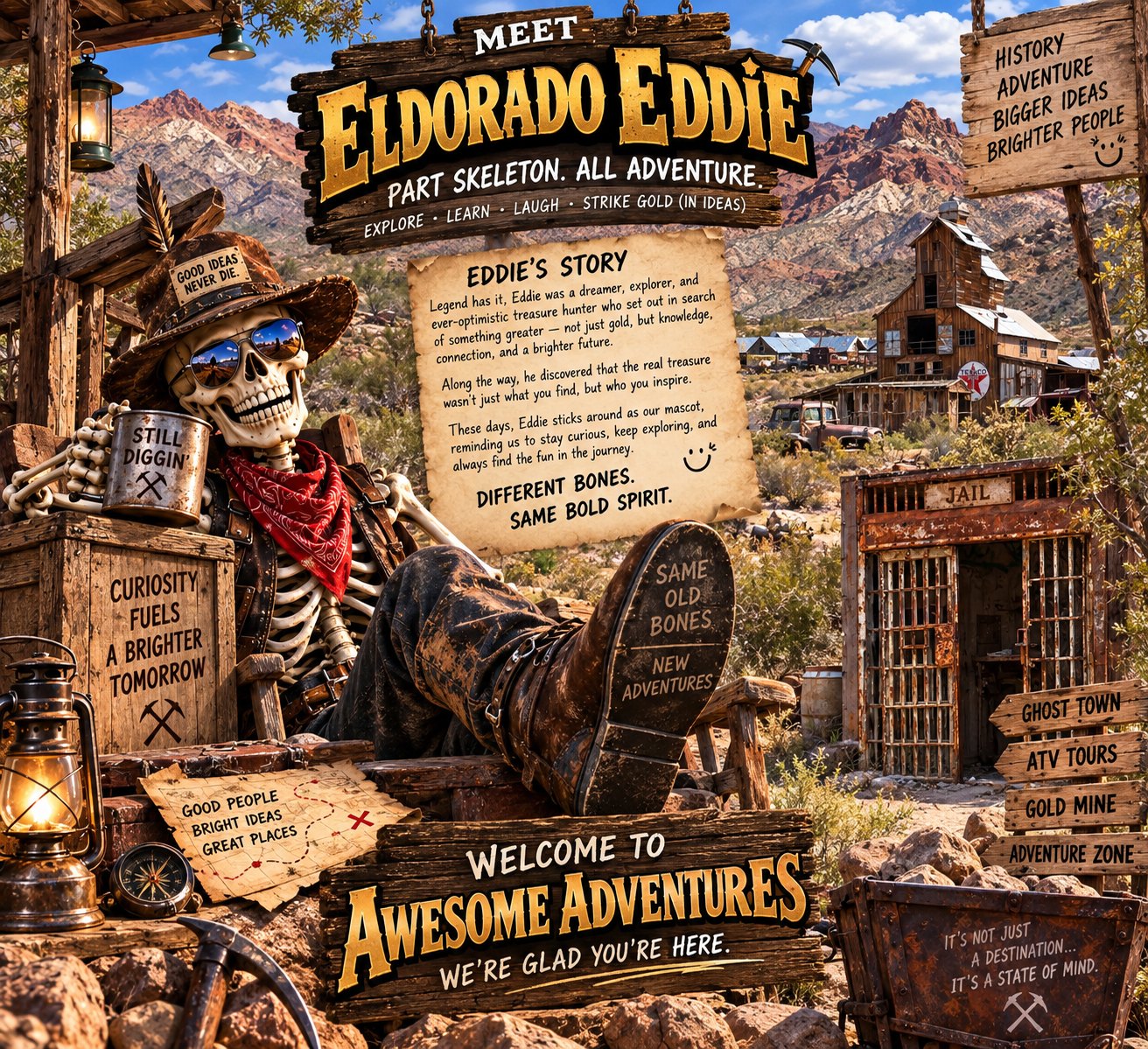 Meet Eldorado Eddie, the skeleton cowboy mascot of Awesome Adventures in Eldorado Canyon, Nevada